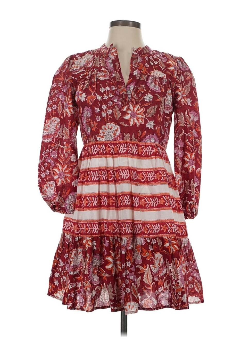 Madison Mathews Womens Red Pure Cotton Floral Boho Folly Mini Dress Size S